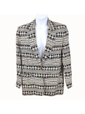 VINTAGE RAFAELLA BLACK & BEIGE GEOMETRIC PRINT LINEN COTTON BLAZER JACKET - 12